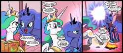 Size: 1500x656 | Tagged: safe, artist:madmax, princess celestia, princess luna, alicorn, pony, amazing horse, banana, book, burning, comic, dialogue, duo, eyes closed, female, fire, food, frown, galaxy mane, hoof shoes, i really like her mane, mare, open mouth, royal sisters, royal we, running, sisters, slice of life, space mane, supernova, sweat, this will end in tears and/or death, wide eyes, worried