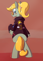 Size: 2100x3000 | Tagged: safe, artist:goat train, oc, oc only, oc:sunny hymn, pony, fallout equestria, bipedal, clothes, jacket, leather jacket, looking back, solo, sunglasses