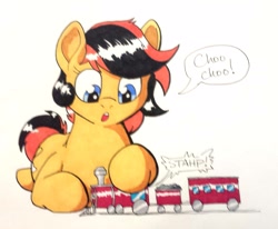 Size: 2684x2208 | Tagged: safe, artist:goat train, oc, oc only, earth pony, pony, commission, dialogue, macro, solo, stahp, traditional art, train