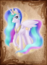 Size: 504x701 | Tagged: safe, artist:skyheavens, princess celestia, alicorn, pony, card, female, looking at you, mare, photoshop, smiling, solo, spread wings, wings