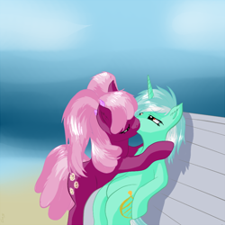 Size: 700x700 | Tagged: safe, artist:snus-kun, cheerilee, lyra heartstrings, earth pony, pony, unicorn, g3.5, beach, bench, ear fluff, featureless crotch, female, g3.5 to g4, generation leap, kissing, lesbian, love, lyralee, mare, ocean, pigtails, rarepair, shipping, sitting, sitting lyra