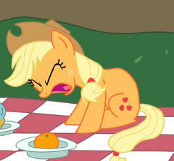 Size: 1050x970 | Tagged: safe, artist:whiskeypanda, derpibooru exclusive, edit, edited screencap, screencap, applejack, earth pony, pony, donut, food, open mouth, orange, solo, yelling