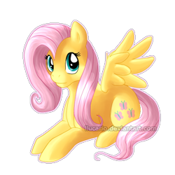 Size: 512x512 | Tagged: dead source, safe, artist:shine-the-drolf, fluttershy, pegasus, pony, female, looking at you, mare, prone, simple background, solo, spread wings, transparent background, watermark, wings