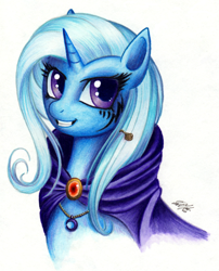 Size: 800x989 | Tagged: safe, artist:lavosvsbahamut, trixie, pony, unicorn, accessories, bust, cape, clothes, colored pencil drawing, coloured pencil, crescent moon, female, jewelry, looking up, mare, moon, necklace, pencil, portrait, simple background, smiling, solo, tattoo, traditional art, trixie's cape, watercolor painting, watercolour, white background