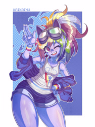Size: 2250x3000 | Tagged: safe, artist:kaikoinu, rainbow dash, human, equestria girls, armpits, bishoujo, breasts, clothes, delicious flat chest, female, humanized, one eye closed, open mouth, pony coloring, rainbow flat, shirt, solo, wristband