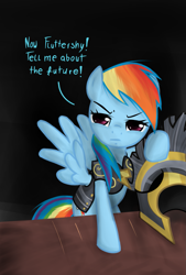 Size: 1169x1725 | Tagged: safe, artist:katakiri, commander hurricane, rainbow dash, pegasus, pony, hearth's warming eve (episode), armor, bipedal, blue text, clothes, costume, dialogue, female, helmet, looking at you, mare, solo, spread wings, table, wings
