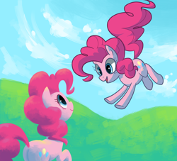 Size: 1100x1000 | Tagged: dead source, safe, artist:reuniclus, pinkie pie, earth pony, pony, cloud, duality, duo, female, happy, looking at each other, mare, self ponidox, smiling, solo