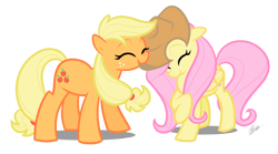 Size: 1236x686 | Tagged: safe, artist:egophiliac, applejack, fluttershy, earth pony, pegasus, pony, accessory swap, adobe imageready, applejack's hat, cowboy hat, eyes closed, female, happy, hat, mare, simple background, smiling, transparent background