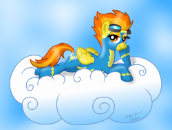 Size: 1024x771 | Tagged: safe, artist:aleximusprime, spitfire, pegasus, pony, clothes, cloud, female, goggles, hooves, looking at you, lying on a cloud, mare, on a cloud, on stomach, paint.net, prone, smiling, solo, uniform, wings, wonderbolts, wonderbolts uniform