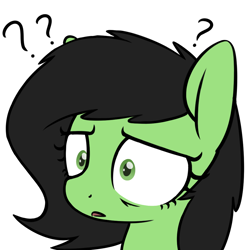 Size: 1000x1000 | Tagged: safe, artist:skitter, oc, oc only, oc:anon filly, bust, confused, female, filly, open mouth, question mark, reaction image, shrunken pupils, simple background, solo, white background
