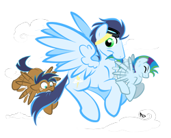 Size: 2954x2383 | Tagged: safe, artist:littletiger488, soarin', oc, oc:circuit, oc:eden, pegasus, pony, colt, family, father and child, father and son, flying, foal, high res, male, mouth hold, offspring, parent and child, parent:applejack, parent:rainbow dash, parent:soarin', parents:soarindash, parents:soarinjack, photoshop, simple background, stallion, tail bite, tail pull, transparent background, trio