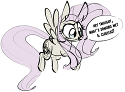 Size: 1774x1307 | Tagged: safe, artist:hattsy, fluttershy, pegasus, pony, dialogue, discorded, female, flutterbitch, flying, long tail, mare, open mouth, simple background, sketch, smiling, smirk, solo, spread wings, white background, wings