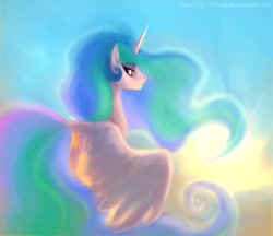 Size: 800x692 | Tagged: safe, artist:discordthetrollest, princess celestia, alicorn, pony, female, looking back, mare, sky, smiling, solo, spread wings, sun, wings