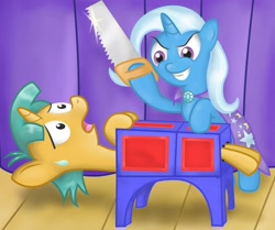 Size: 1792x1500 | Tagged: safe, artist:041744, snails, trixie, pony, unicorn, box, box sawing trick, colt, duo, female, gimp, magic trick, male, mare, not a magic trick, saw, scared, smiling, stage, this will end in tears and/or death