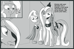 Size: 1024x683 | Tagged: safe, artist:cosmonaut, derpibooru import, princess celestia, princess luna, oc, bat pony, pony, fangs, monochrome, race swap, transformation