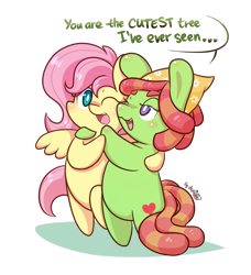 Size: 1109x1214 | Tagged: safe, artist:dsp2003, fluttershy, tree hugger, pegasus, pony, make new friends but keep discord, 2015, bipedal, blushing, chibi, cute, female, flutterhugger, hug, huggerbetes, implied fluttertree, lesbian, lifeloser-ish, literal, open mouth, shipping, shyabetes, simple background, style emulation, transparent background, weapons-grade cute, wink