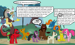 Size: 1280x768 | Tagged: safe, artist:menagerie, discord, pinkie pie, draconequus, earth pony, pegasus, pony, unicorn, beverly crusher, comic sans, crossover, data, deanna troi, disqord, female, flying, geordi laforge, jean-luc picard, jumping, male, mare, ponified, pronking, q, stallion, star trek, star trek: the next generation, william riker, worf