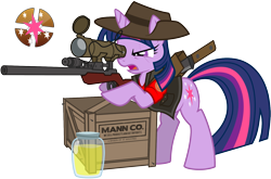 Size: 1596x1055 | Tagged: safe, artist:nikkikitty44, twilight sparkle, unicorn twilight, pony, unicorn, crossover, cutie mark, female, gun, hat, hooves, horn, jar, jarate, knife, kukri, machete, mare, optical sight, pee in container, rifle, scar, simple background, sniper, sniper rifle, solo, team fortress 2, text, transparent background, twilight sniper, urine, weapon, who needs trigger fingers