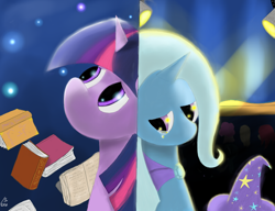 Size: 1300x1000 | Tagged: safe, artist:13era, trixie, twilight sparkle, pony, unicorn, book, cape, clothes, crying, female, hat, looking down, looking up, mare, sad, split screen, stage, stars, trixie's cape, trixie's hat