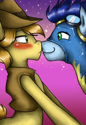 Size: 2038x2941 | Tagged: safe, artist:misukitty, braeburn, soarin', earth pony, pegasus, pony, blushing, boop, clothes, eye contact, gay, goggles, hat, imminent kissing, looking at each other, male, noseboop, shipping, soarburn, stallion, stars, uniform, wonderbolts, wonderbolts uniform