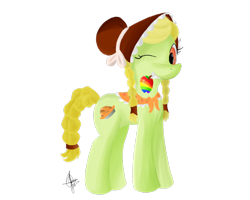 Size: 2500x2000 | Tagged: dead source, safe, artist:archendio, granny smith, earth pony, pony, female, high res, looking at you, mare, mouth hold, one eye closed, simple background, solo, transparent background, wink, young granny smith, zap apple