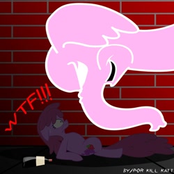 Size: 1500x1500 | Tagged: safe, artist:killkatt, berry punch, berryshine, earth pony, pony, 666, brick wall, crossover, disney, drunk, dumbo, female, frown, mare, on back, photoshop, pink elephants, pink elephants on parade, scared, wat, wavy mouth, wide eyes, wtf