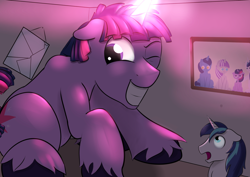 Size: 1024x725 | Tagged: safe, artist:cosmonaut, derpibooru import, dusk shine, shining armor, twilight sparkle, pony, unicorn, fanfic art, giant pony, growth, macro, rule 63