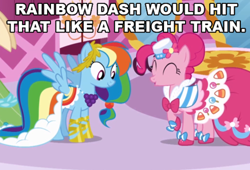 Size: 500x339 | Tagged: safe, edit, edited screencap, screencap, pinkie pie, rainbow dash, earth pony, pegasus, pony, caption, clothes, dress, female, gala dress, i'd fuck it, image macro, innuendo, lesbian, mare, pinkiedash, shipping, text