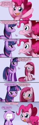 Size: 700x2225 | Tagged: safe, artist:solar-slash, pinkie pie, twilight sparkle, unicorn twilight, earth pony, pony, unicorn, comic, female, looking at each other, mare, photoshop, pinkamena diane pie, smiling