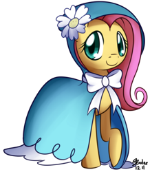 Size: 800x916 | Tagged: safe, artist:solar-slash, fluttershy, pegasus, pony, bow, cloak, clothes, female, flower, flower in hair, looking at you, mare, simple background, solo