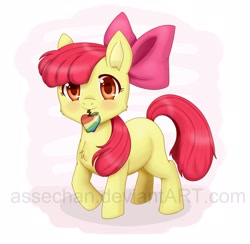 Size: 2058x2011 | Tagged: safe, artist:assechan, apple bloom, earth pony, pony, adorabloom, apple bloom's bow, bow, cute, female, filly, hair bow, high res, looking at you, mouth hold, solo, watermark, zap apple