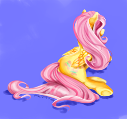 Size: 430x405 | Tagged: safe, artist:stripedpanther, fluttershy, pegasus, pony, female, mare, prone, solo, underhoof