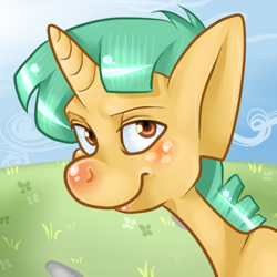 Size: 500x500 | Tagged: dead source, safe, artist:bluecrabs, snails, pony, unicorn, blushing, bust, colt, male, portrait, smiling, solo