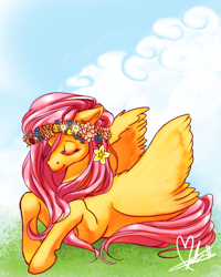 Size: 900x1123 | Tagged: dead source, safe, artist:foervraengd, fluttershy, pegasus, pony, female, floral head wreath, flower, hippie, hippieshy, mare, prone, solo, spread wings, wings