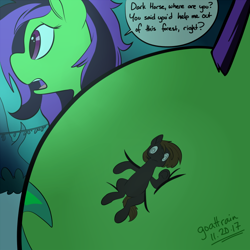 Size: 700x700 | Tagged: safe, artist:goat train, oc, oc only, pony, butt crush, commission, dialogue, female, giant pony, macro, male, mare, plot, someone paid goat train to draw the butt pic again, stallion, worried