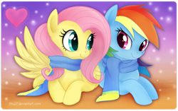 Size: 900x565 | Tagged: safe, artist:mn27, fluttershy, rainbow dash, pegasus, pony, clothes, cuddling, cute, dashabetes, eye contact, female, flutterdash, heart, lesbian, looking at each other, mare, prone, scarf, shipping, shyabetes, smiling, snuggling, spread wings