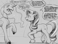 Size: 1200x900 | Tagged: safe, artist:amarynceus, princess luna, starlight glimmer, alicorn, pony, unicorn, chest fluff, cloven hooves, dialogue, duo, duo female, female, floppy ears, freckles, grayscale, looking at each other, mare, monochrome, open mouth, raised hoof, sketch, speech bubble, unshorn fetlocks