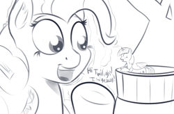 Size: 1024x672 | Tagged: safe, artist:cosmonaut, derpibooru import, pinkie pie, twilight sparkle, twilight sparkle (alicorn), alicorn, earth pony, pony, balcony, cute, female, giant pony, giantess, growth, macro, mare, monochrome, open mouth, ponk, shocked, smiling, underhoof, waving