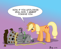 Size: 1000x800 | Tagged: safe, artist:the_gneech, part of a set, applejack, alien, cyborg, earth pony, pony, adobe imageready, crossover, dalek, destroyed, dialogue, doctor who, female, gradient background, humiliation, lasso, mare, mutant, rope