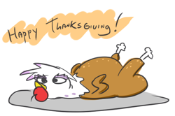 Size: 482x321 | Tagged: safe, artist:jargon scott, gilda, griffon, apple, cooking, female, food, holiday, plate, simple background, solo, thanksgiving, turkey, white background