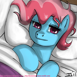 Size: 900x900 | Tagged: safe, artist:johnjoseco, cup cake, earth pony, pony, adobe imageready, bed, cute, female, looking at you, mare, morning ponies, on back, pillow, smiling, solo