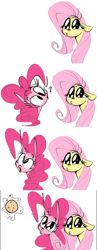 Size: 1392x3584 | Tagged: safe, artist:hattsy, fluttershy, pinkie pie, earth pony, pegasus, pony, comic, cookie, duo, female, floppy ears, food, magic, mare, question mark, simple background, white background