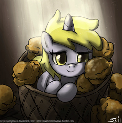 Size: 900x903 | Tagged: safe, artist:johnjoseco, dinky hooves, pony, unicorn, adobe imageready, background pony, basket, cute, dinkabetes, excited, female, filly, foal, happy, morning ponies, muffin, solo