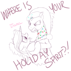 Size: 1500x1500 | Tagged: safe, artist:brisineo, fizzlepop berrytwist, tempest shadow, twilight sparkle, twilight sparkle (alicorn), alicorn, my little pony: the movie, angry, broken horn, christmas, christmas lights, clothes, costume, dialogue, hat, holiday, monochrome, santa costume, santa hat, simple background, sketch