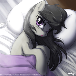 Size: 900x899 | Tagged: safe, artist:johnjoseco, octavia melody, earth pony, pony, :o, adobe imageready, bed, bedroom eyes, cute, female, light, looking at you, mare, messy mane, morning ponies, on side, open mouth, pillow, solo