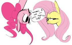 Size: 1572x994 | Tagged: safe, artist:hattsy, fluttershy, pinkie pie, pegasus, pony, dialogue, duo, pouting, upside down