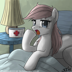 Size: 900x899 | Tagged: safe, artist:johnjoseco, nurse redheart, earth pony, pony, adobe imageready, alternate hairstyle, bed, female, looking at you, loose hair, mare, messy mane, morning ponies, open mouth, pillow, raised hoof, sitting, solo, yawn