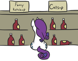 Size: 492x381 | Tagged: safe, artist:jargon scott, rarity, pony, unicorn, both cutie marks, catsup, female, food, indecision, ketchup, loss (meme), mare, rarity looking at food, rear view, sauce, simple background, simpsons did it, sitting, solo, the simpsons, white background