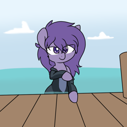 Size: 800x800 | Tagged: safe, artist:lockheart, oc, oc only, oc:codpone, earth pony, pony, bedroom eyes, clothes, female, looking at you, mare, outdoors, pier, swimsuit, wet mane