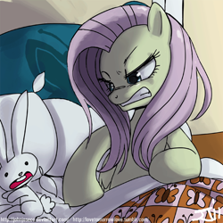 Size: 900x900 | Tagged: safe, artist:johnjoseco, angel bunny, fluttershy, pegasus, pony, adobe imageready, angelbuse, angry, discorded, female, flutterbitch, gritted teeth, mare, morning ponies